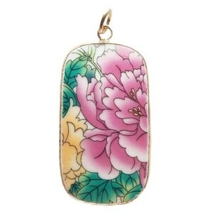 Vintage Transferware Broken China Pendant Pink Peony Floral Porcelain Jewelry